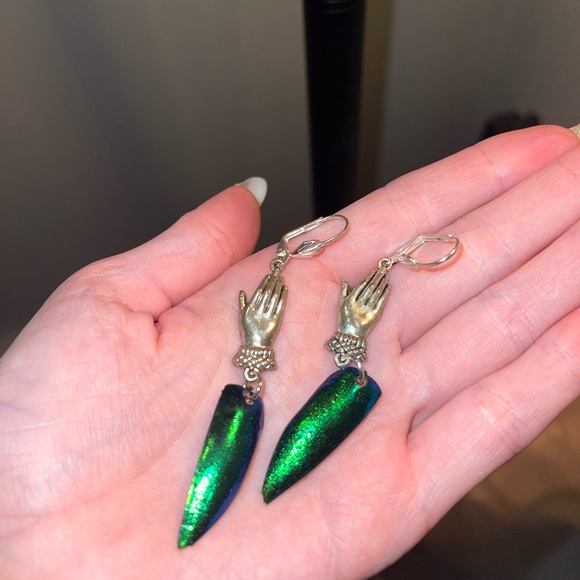 Unique Hand and Green Dagger Earrings - Picture 2 of 3